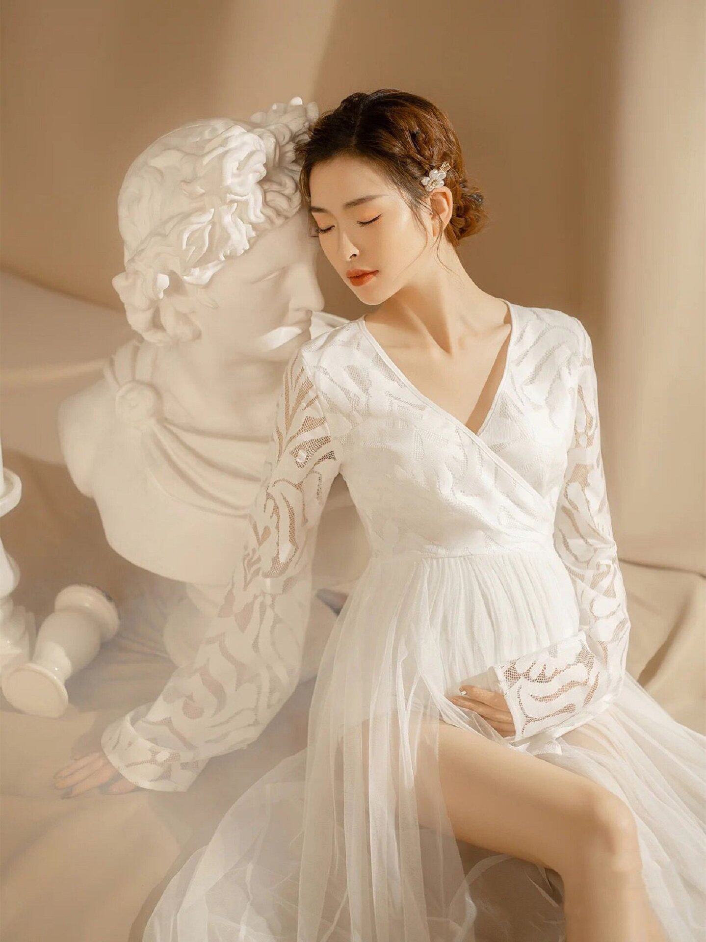 孕妇照服装新款唯美白色透视连衣裙孕妈影楼写真服饰性感摄影衣服