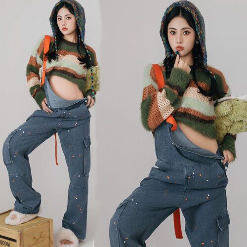 影楼新款孕妇照服装针织毛衣牛仔连体裤时尚个性艺术拍照服装女