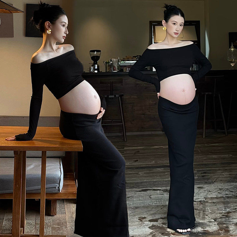 孕妇拍照写真服装黑色一字肩长袖高级感气质显瘦艺术照影楼服饰