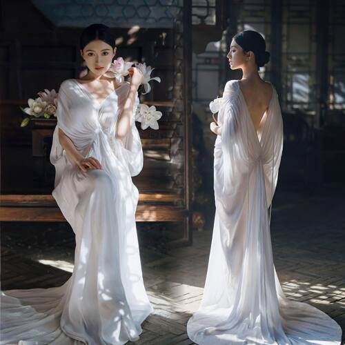 影楼孕妇服装清冷唯美露背连衣裙禅意风高级感礼服艺术照摄影服