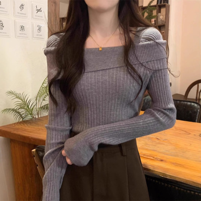 设计感一字肩针织衫女显