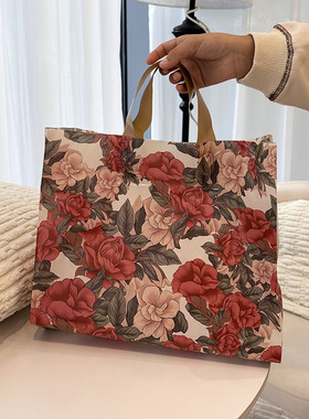 复古花加厚手提带红色服装碎花礼品袋女装网红购物袋子时尚胶袋