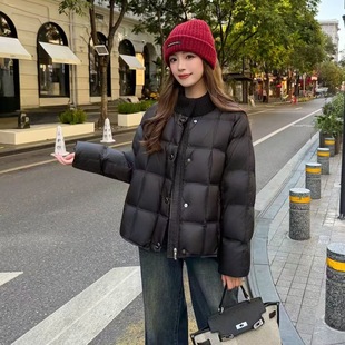 黑色短款羽绒服女冬季轻薄白鸭绒2025新款小个子加厚圆领外套
