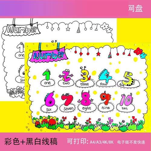 电子版Number英语手抄报模板小学生三年级英文数字1-10认识学习黑