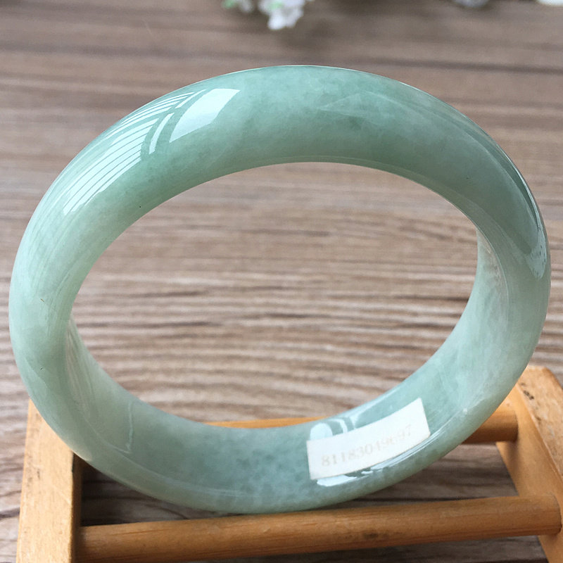 捡漏 老坑翡翠手镯a货57mm正圈豆绿圆镯冰糯带证书天然缅甸玉镯子
