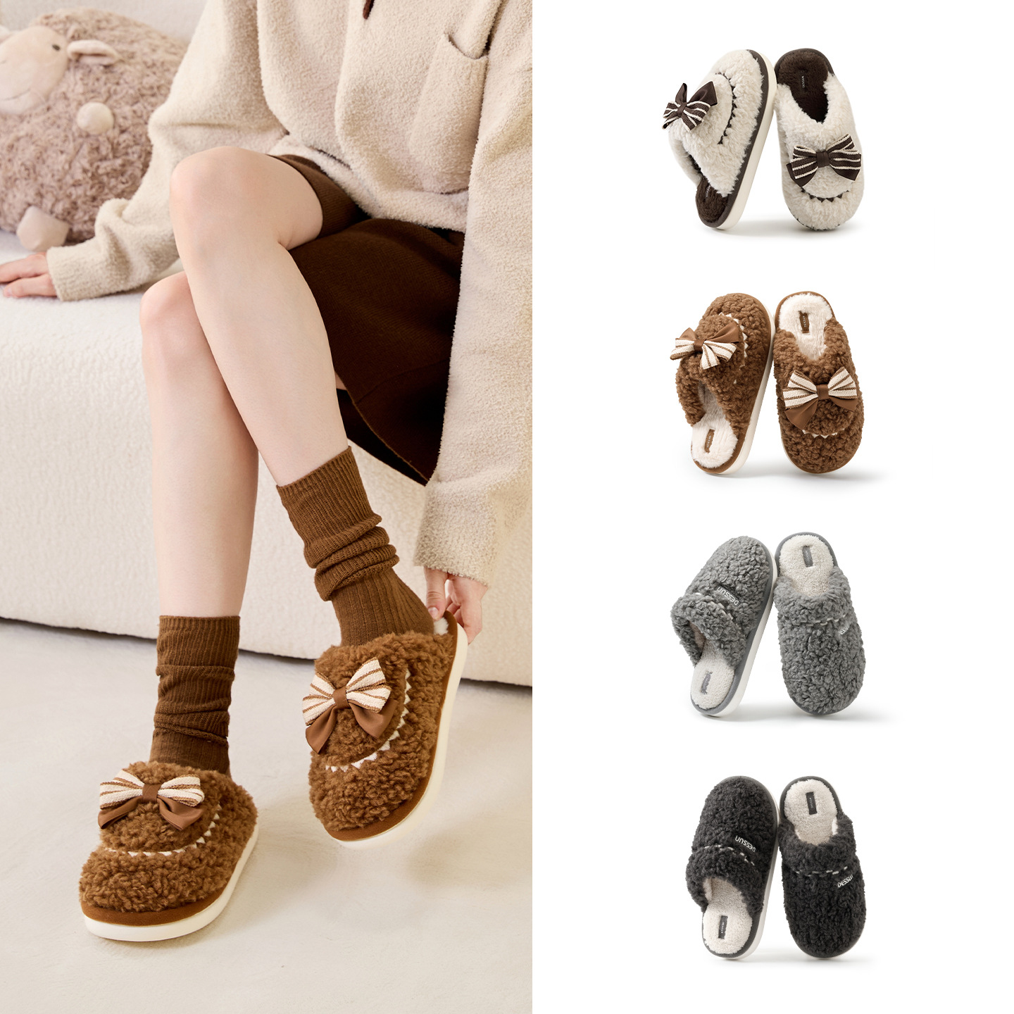 情侣居家棉拖鞋女冬季室内防滑家居毛拖鞋男冬天加绒保暖毛绒拖鞋