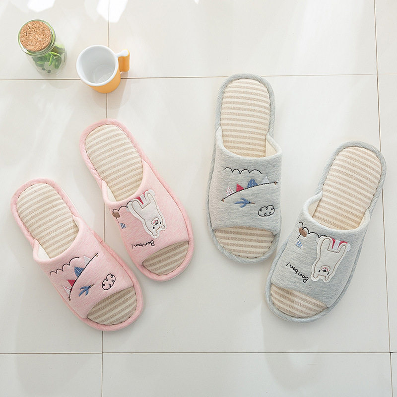 四季儿童棉麻拖鞋男居家情侣室内家用软底静音可爱亲子亚麻拖鞋女