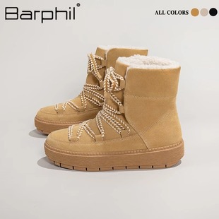 Barphil雪地靴女冬季加绒保暖牛反绒皮防水棉鞋耐磨防滑外穿