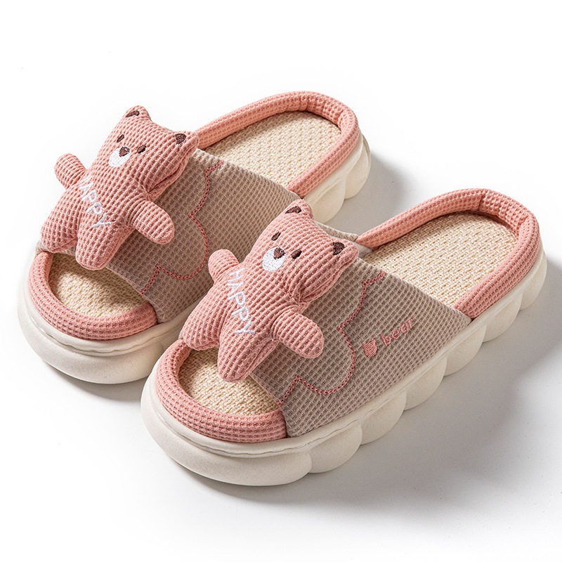 亲子小熊亚麻拖鞋男女情侣室内宝宝露趾开口跨境外贸亚麻拖鞋