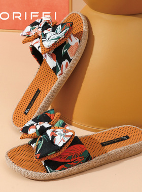 CORIFEI家丽芙春秋新款亚麻防滑轻奢风蝴蝶结家居女拖鞋DS-32883