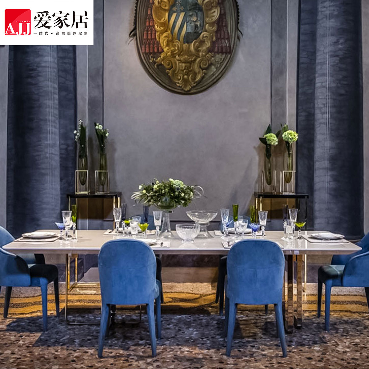 爱家居 现代意式轻奢设计师家具别墅大户型工程大理石餐桌F-061