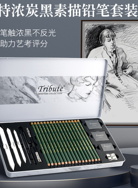 马可大师特浓炭黑素描铅笔套装美术绘画套装碳笔素描收藏送礼用礼盒精致铁盒330225C