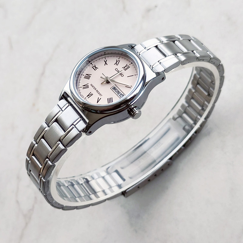 卡西欧手表女 CASIO LTP-V006D-4B 粉色钢带简约防水指针学生表