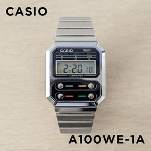 復古潮流運動小方塊銀色鋼帶學生表 A100WE 卡西歐手表CASIO