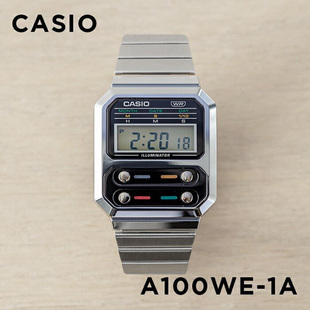 卡西欧手表CASIO 复古潮流运动小方块银色钢带学生表 A100WE