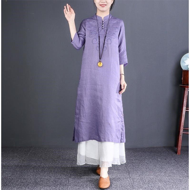茶服女夏棉麻连衣裙宽松套装文艺复古禅意改良旗袍盘扣刺绣中长款