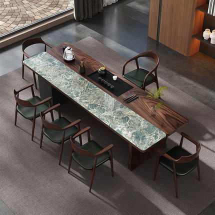 新中式南美胡桃木实木岩板茶桌椅组合一桌五椅客厅接待办公室茶台