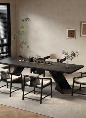 意式极简实木茶桌办公桌一体两用2025新款高端黑色设计师接待茶台