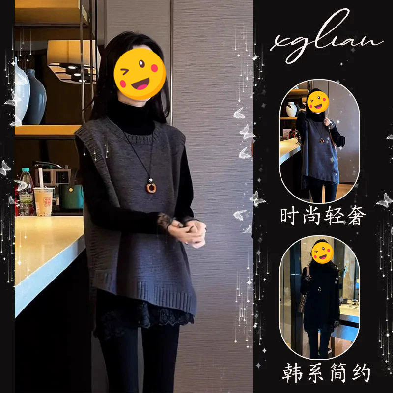 单件/新款女装冬不规则下摆无袖针织马甲蕾丝黑色长袖打底衫潮流