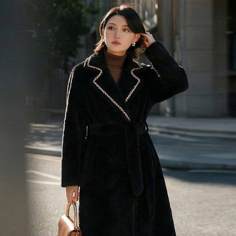 复古风高级感新款黑色长款双面毛呢外套女西装领收腰大衣轻奢气质