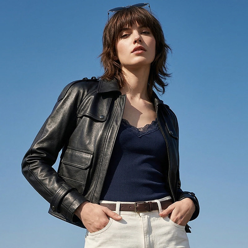 春季新款真皮皮衣女短款翻领机车夹克美式复古辣妹修身显瘦外套