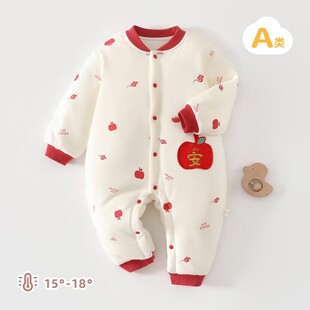 婴儿连体衣80克加棉宝宝夹棉秋冬外出哈衣大红色加厚棉爬服拜年