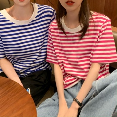 Real price real shot thick stripe t-shirt female loose casual Korean versatile Cotton Short Sleeve Top