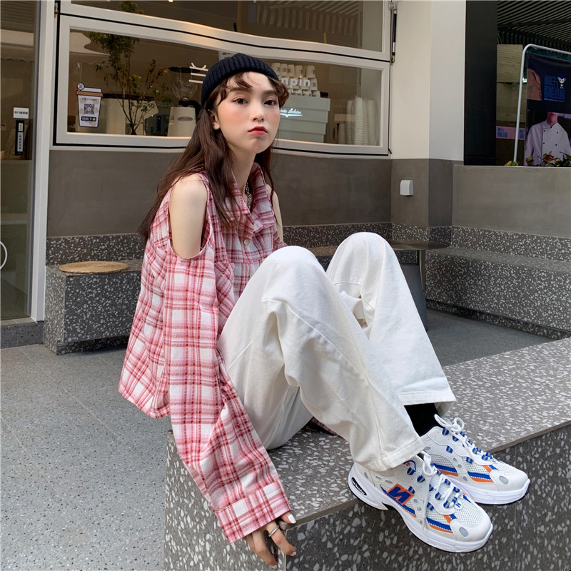 Real price photo girl Plaid off shoulder short shirt coat