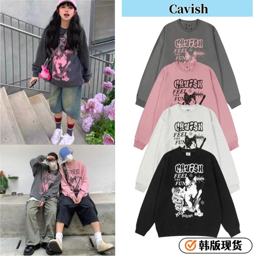 现货韩国Cavish猫咪吉他圆领卫衣不加绒涂鸦印花纯棉长袖博主同款