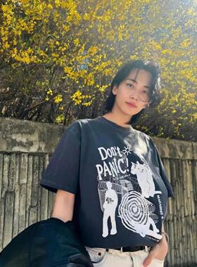 韩国潮牌mahagrid短袖MDG尹净汉全圆佑宋雨琦猫咪字母学院印花