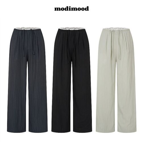 韩国modimood 松紧腰抽绳阔腿裤腰部拼接夏季休闲垂感长裤女ins