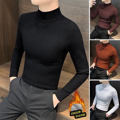 加绒加厚半高领毛衣男款秋冬季保暖针织T恤衫条纹男士内搭打底衫