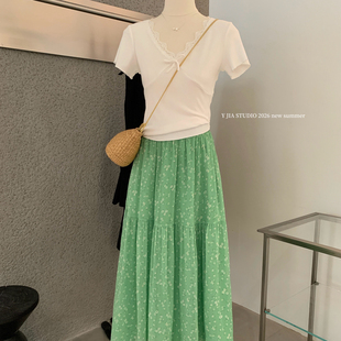 巧巧东大门26年夏新款 绿色度假a字碎花裙大摆气质长裙半身裙3352