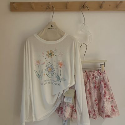 巧巧东大门夏季韩系简约休闲氛围感卡通花朵薄款防晒长袖T恤8293