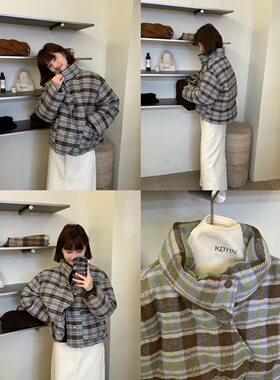 东大门2026冬季新款韩系格子棉服外套女短款小个子加厚保暖面包服
