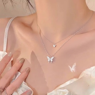 双层蝴蝶项链满钻叠戴设计精致小巧日常通勤戴气质温柔不浮夸