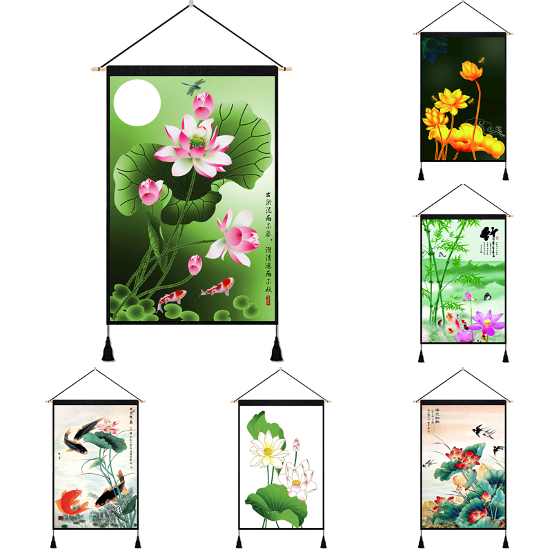 荷花布艺挂画棉麻水墨国风家居布置简约现代画书房过道装饰画竖款图片