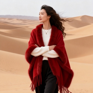 贵妇级红色毛领披肩女外搭2025新款秋冬季高级感保暖披风斗篷围巾