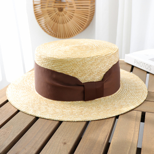 海边度假防晒爵士帽遮阳平顶沙滩草帽 日本宽织带细麦秆礼帽女夏季