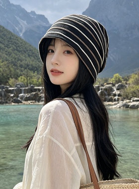 韩版薄棉条纹春夏透气包头帽男女