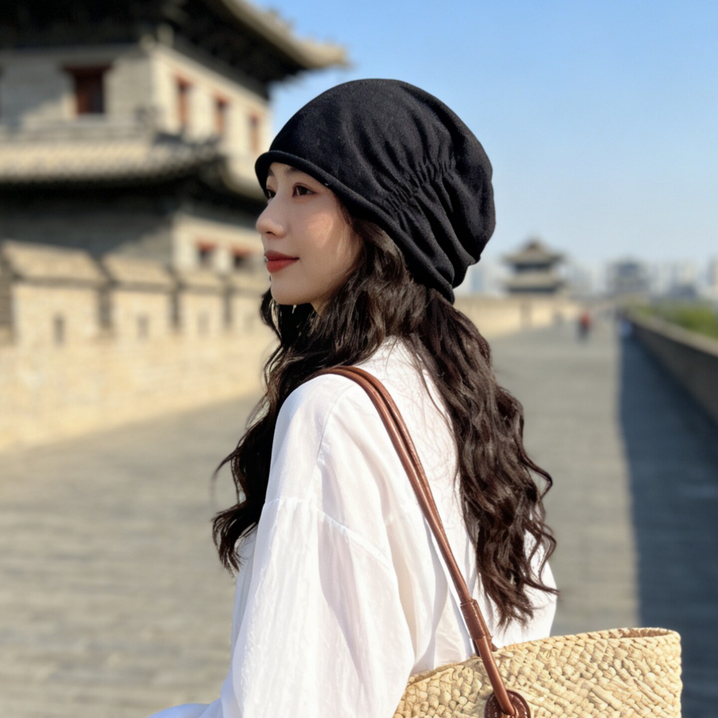 纯亚麻褶皱卷边堆堆帽女夏季日系薄款显脸小套头帽可遮白发包头帽