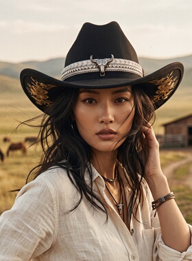 复古西部毛呢刺绣牛仔骑士帽男女