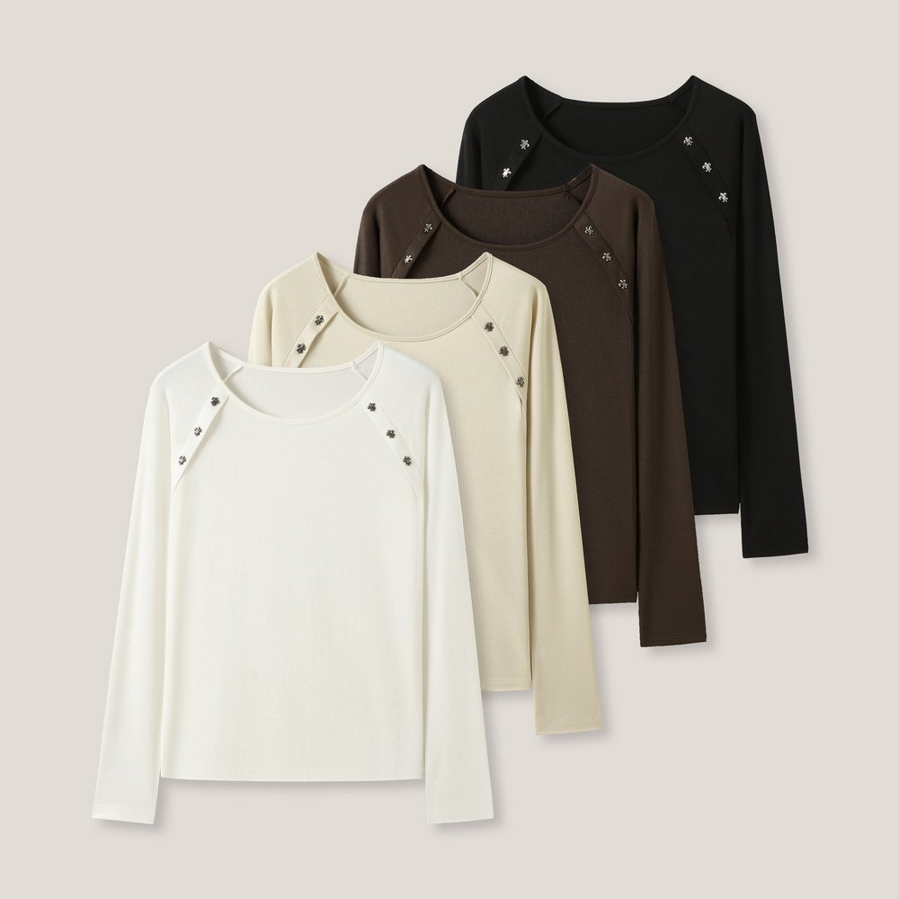 12-23H B  百搭纯色色圆领金属柳丁修身长袖T恤打底衫SS26364