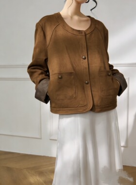 3-23H B  纯色铜扣圆领袖口翻边长袖外套上衣SS26327