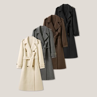 1-30F C 纯色长款休闲百搭毛呢戗驳领长袖腰带外套ss26480