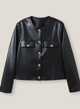 3-23H  B 气质纯色圆领单排金属扣长袖皮外套SS26387