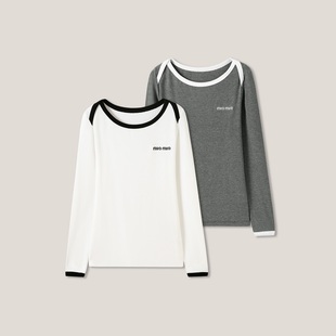 23F 打底衫 miu系撞色一字领羊毛长袖 ss26432 智性姐感