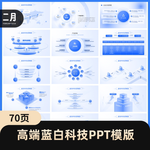 70页高端商务蓝白科技PPT模版企业互联网大厂万能逻辑架构图ppt