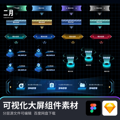 数据可视化大屏组件2.5D底座图标小标题按钮素材figma+sketch