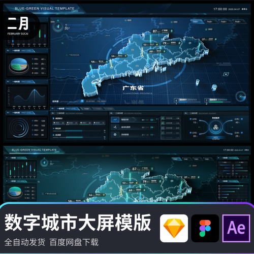 数据可视化大屏数字城市模版素材figma+sketch源文件+AE大屏动效
